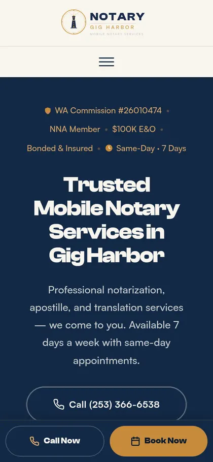 Notary Gig Harbor client site on a phone